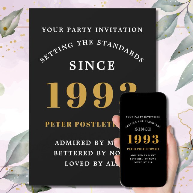 Invitation 30th Birthday 1993 Black Gold Ajouter Nom Année (Créateur téléchargé)