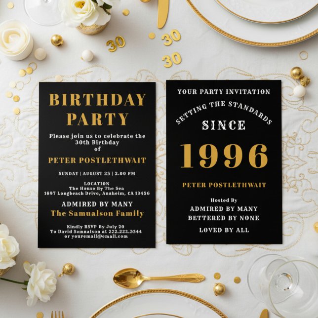 Invitation 30th Birthday Add Name 1996 Black Gold For Him (1996 birthday invitation. White background.)