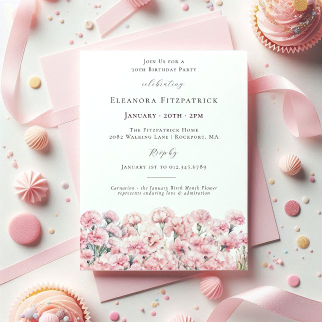 Invitation 30th Birthday Pink Carnation January Birth Flower (Créateur téléchargé)
