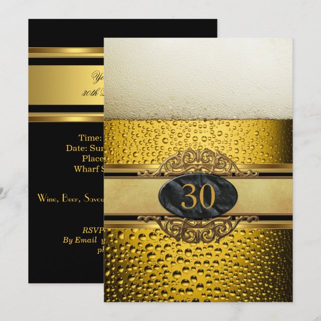 Invitation 30th Mans Beer Black Gold fête d'anniversaire (Devant / Derrière)