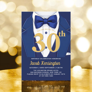 Invitation 30th Navy Blue and Gold Tuxedo Birthday Event