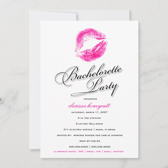 Invitation 311-Bachelorette - Baisers roses (Devant)