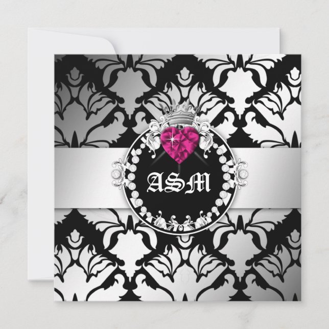 Invitation 311-Damask Queen of Hearts Sweet 16 BW (Devant)