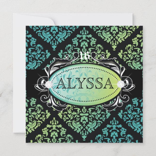 Invitation 311-Luxueusement Turquoise n' Lime Damask Sweet 16 (Devant)