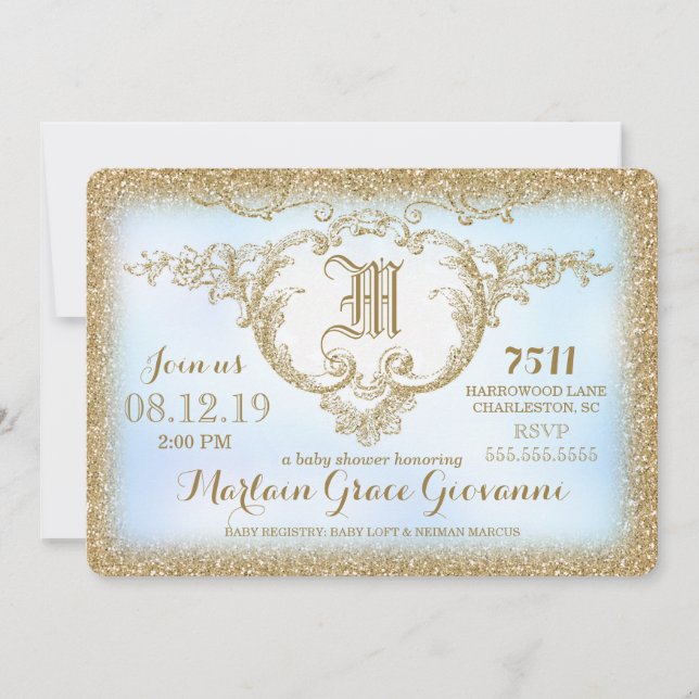 Invitation 311 Parties scintillant d'or Monogramme Baby Boy S (Devant)