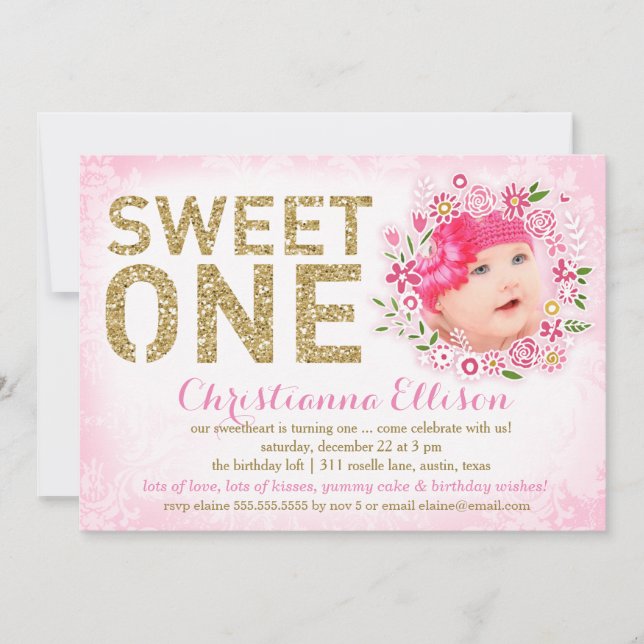 Invitation 311 Sweet One First Birthday Floral Wreath Photo (Devant)