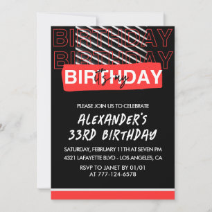 Invitation 33e anniversaire Hommes Party Black Red