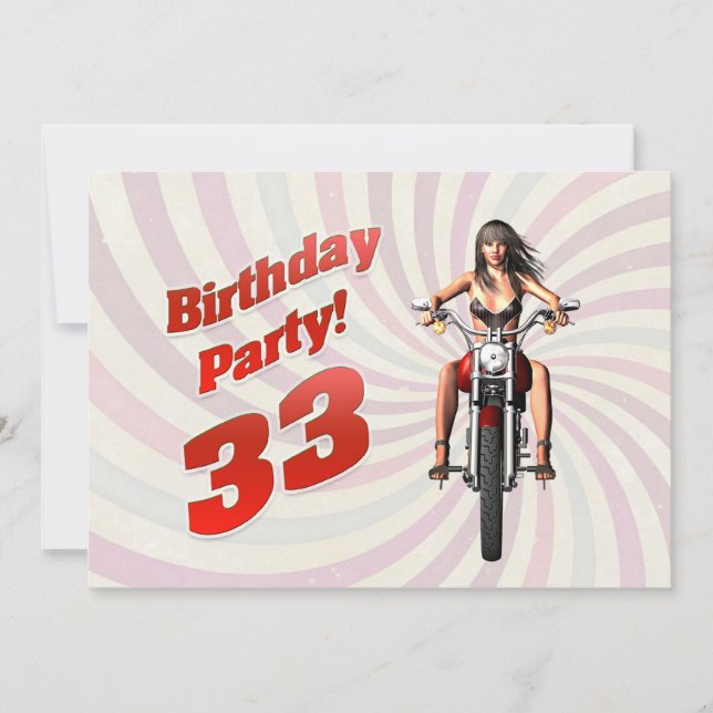 Invitation 33ème anniversaire avec une fille sur une moto (Devant)