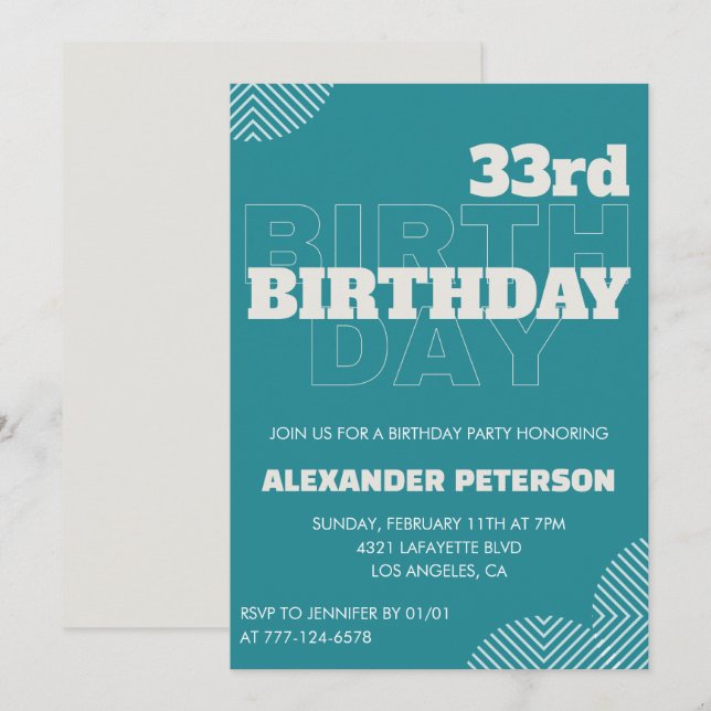 Invitation 33ème anniversaire Hommes Typographie Bleue (Devant / Derrière)