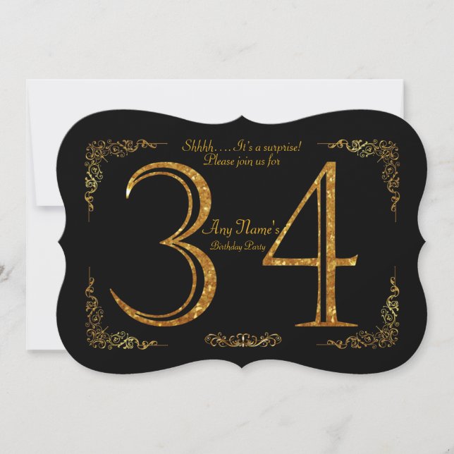 Invitation 34,Fête d'anniversaire 34,grand Gatsby,noir & or (Devant)