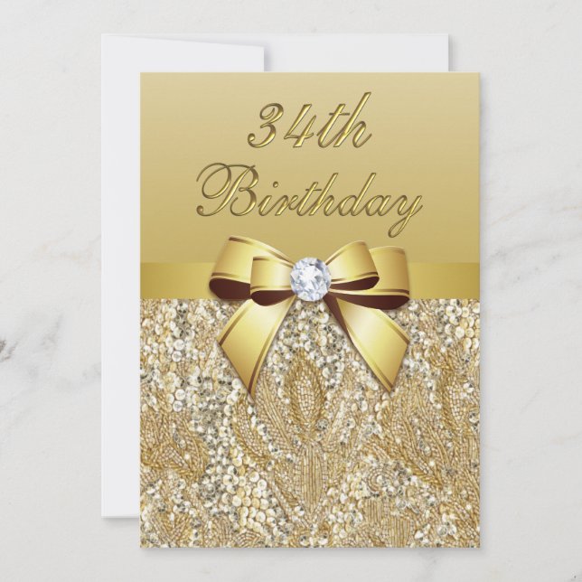 Invitation 34e anniversaire Gold Faux Sequins et Bow (Devant)