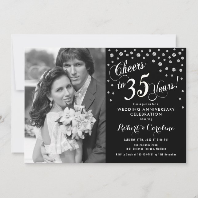 Invitation 35e anniversaire avec photo - Noir Blanc Argent (Devant)