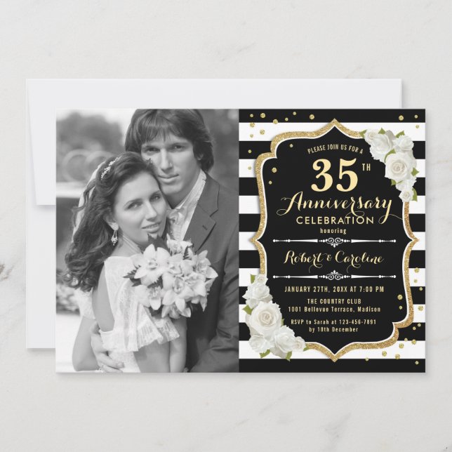 Invitation 35e anniversaire avec photo - Or Noir (Devant)