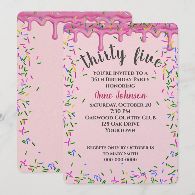 Invitation 35e Anniversaire Pink Icing Et Sprinkles (Devant / Derrière)