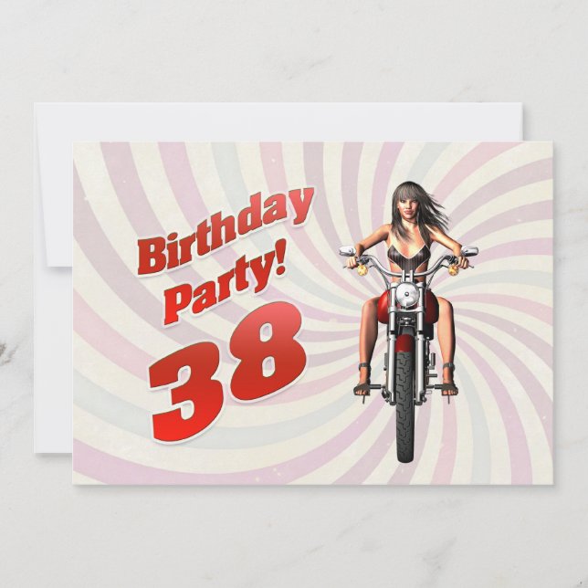Invitation 38ème anniversaire avec une fille sur une moto (Devant)