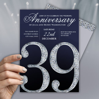 Invitation 39e Anniversaire Diamant Argent Bleu Marine