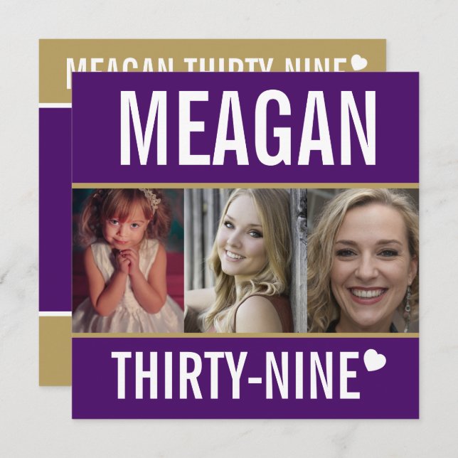 Invitation 39e anniversaire fête événement violet or blanc ph (Devant / Derrière)