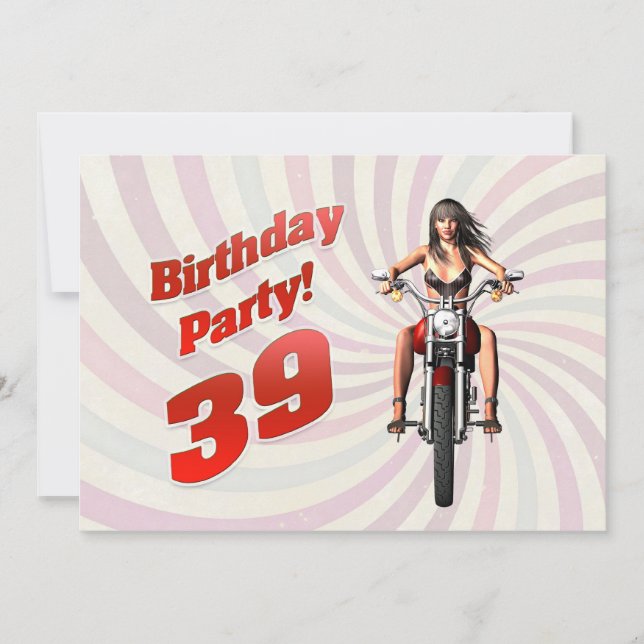Invitation 39ème anniversaire avec une fille sur une moto (Devant)