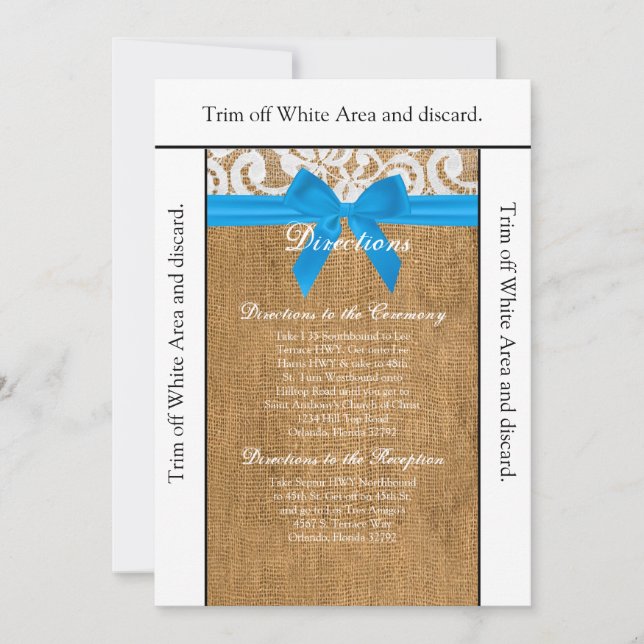 Invitation 3.5x6 Directions Card Blue Burlap Lace (Devant)