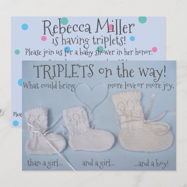 Invitation 3 bottes mignonnes avec baby shower triplets cardi (Devant / Derrière)
