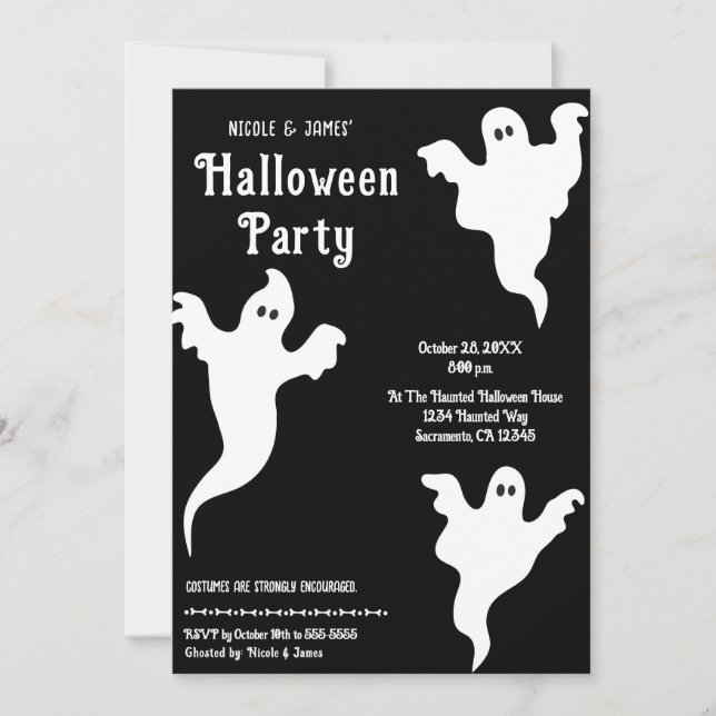Invitation 3 Fantômes Noir & Blanc Whimsical Halloween Party (Devant)
