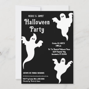 Invitation 3 fantômes Soirée Halloween fantaisiste noir et bl