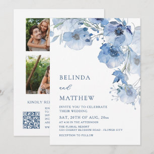 Invitation 3 Photos Fleurs Aquarelle Bleue Mariage Casual