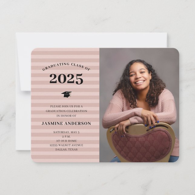 Invitation 3 Photos Moderne Rose Gold Stripes Graduation Part (Devant)