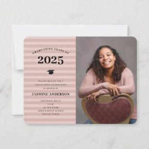 Invitation 3 Photos Moderne Rose Gold Stripes Graduation Part