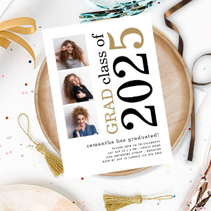 Invitation 3 photos modernes Black Gold 2024 White Graduation