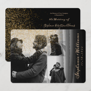 Invitation 3 photos parties scintillant or noir Mariage Aquar