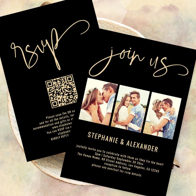 Invitation 3 Photos Rejoignez-nous Script Mariage Gold Black (Front and back view)