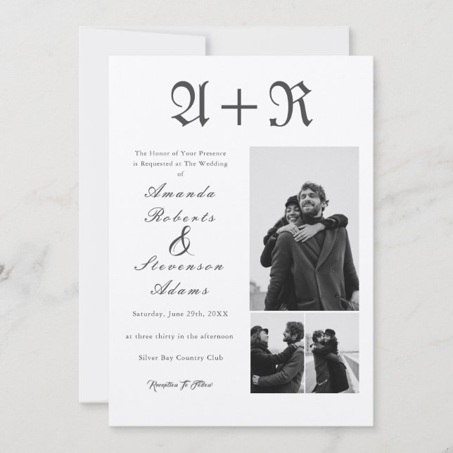 Invitation 3 Photos Rustic Black Typographie Monogramme Maria (Devant)