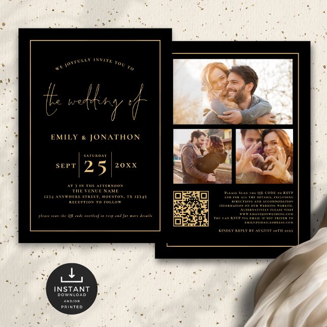 Invitation 3 Photos Script Line QR Code Black Gold Mariage (Front and back view)