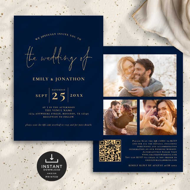 Invitation 3 Photos Script QR Code Marine Blue Gold Mariage (Front and back view)