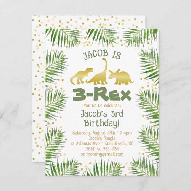 Invitation 3 Rex Dinosaur Tropical Green Boy 3e anniversaire (Devant / Derrière)