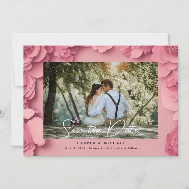 Invitation 3d photo florale rose enregistrer la date (Devant)