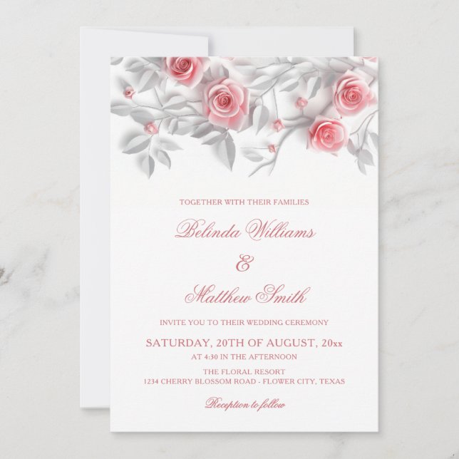Invitation  3D Roses Simple White Floral Wedding (Devant)