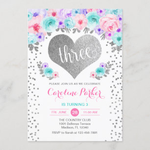 Invitation 3e anniversaire - Coeur d'argent Turquoise rose po