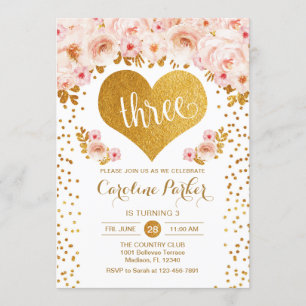 Invitation 3e anniversaire - Coeur d'or blanc rose floral