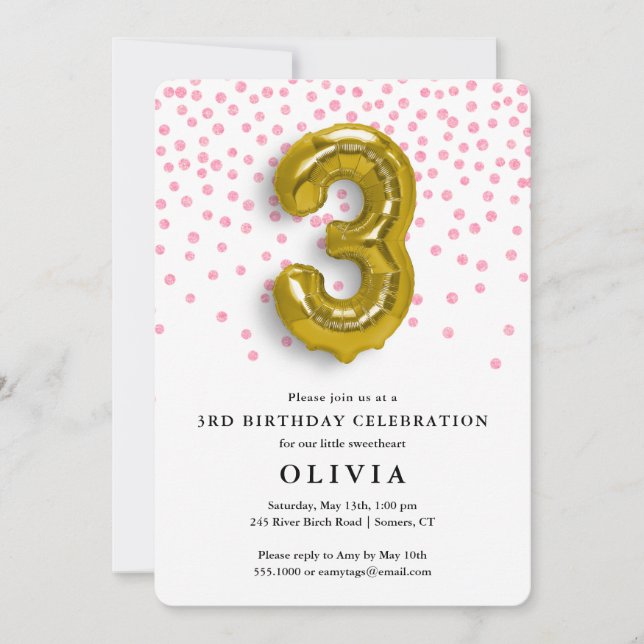 Invitation 3e anniversaire Confetti rose et ballon d'or (Devant)