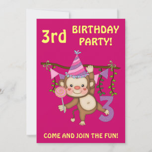 Invitation 3e anniversaire fête-singe mignon + ballons coloré