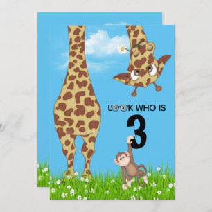 Invitation 3e anniversaire Giraffe et singe en herbe