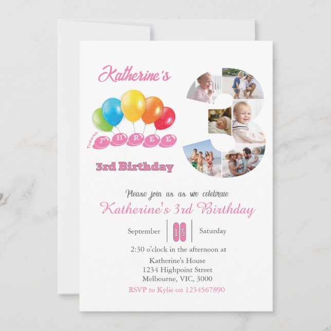 Invitation 3e anniversaire photo collage numéro 3 Fille (Devant)