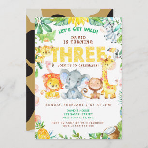 Invitation 3e anniversaire Safari Animaux Jungle Thème Zoo Tr