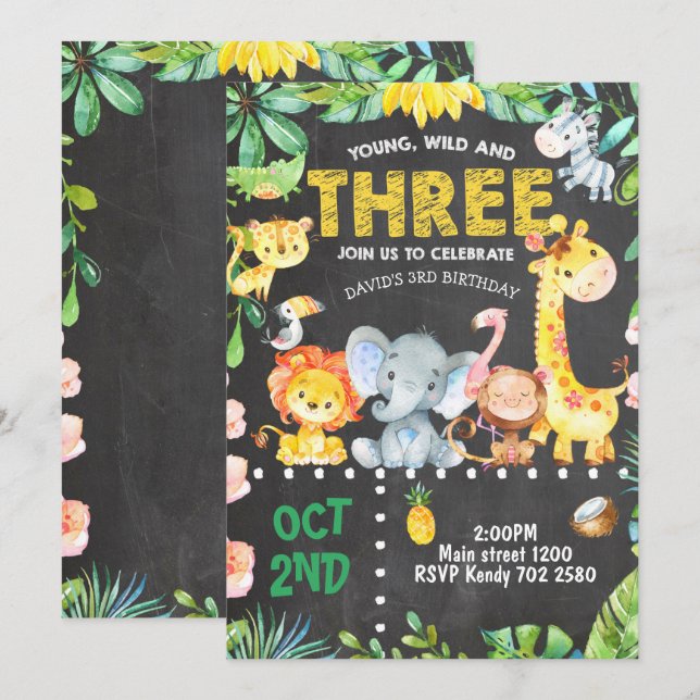 Invitation 3e anniversaire Safari Animaux Jungle Z (Devant / Derrière)