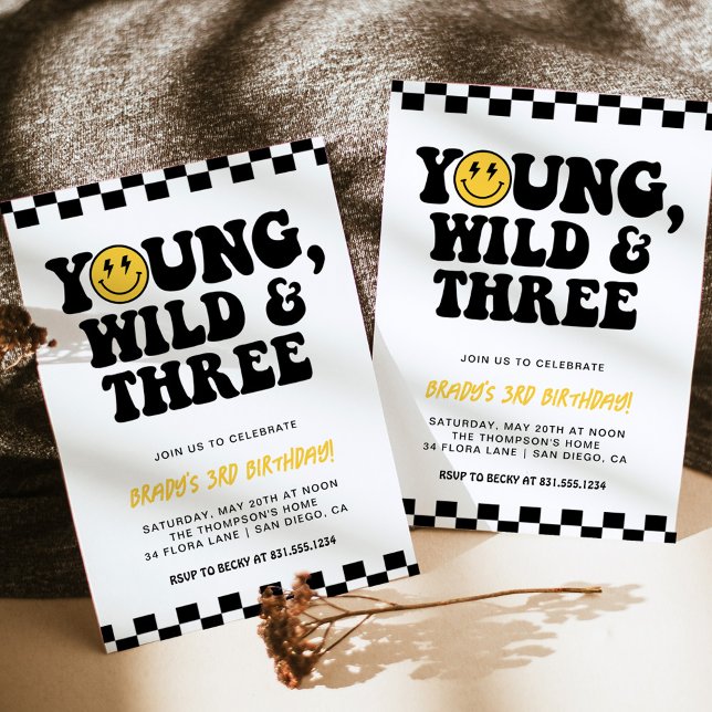 Invitation 3e anniversaire Smiley Face Bolt, Young, Wild & Th (Créateur téléchargé)