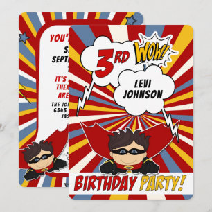 Invitation 3e fête d'anniversaire Superhero Red Comic pour ga