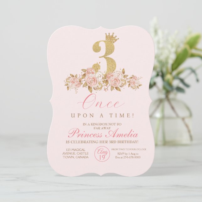 Invitation 3e Mignonne Pink Gold Crown Princesse Anniversaire (Debout devant)