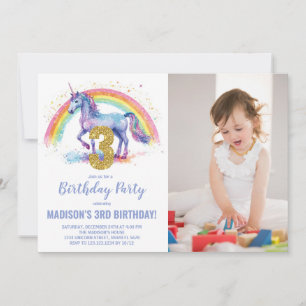 Invitation 3e Rainbow Unicorn photo d'anniversaire